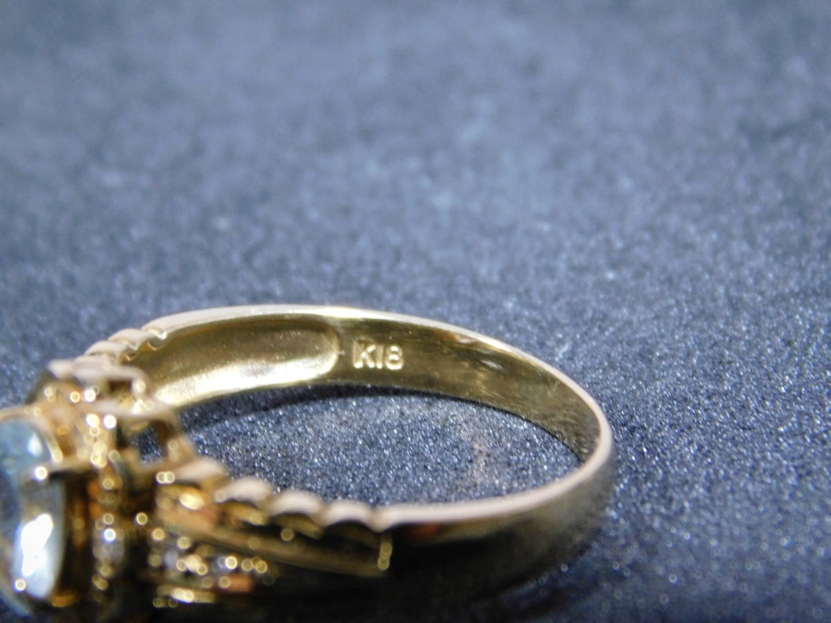 K18 刻印有り 18金の台座 7mm のアクアマリン メレダイヤ2石 の リング 
