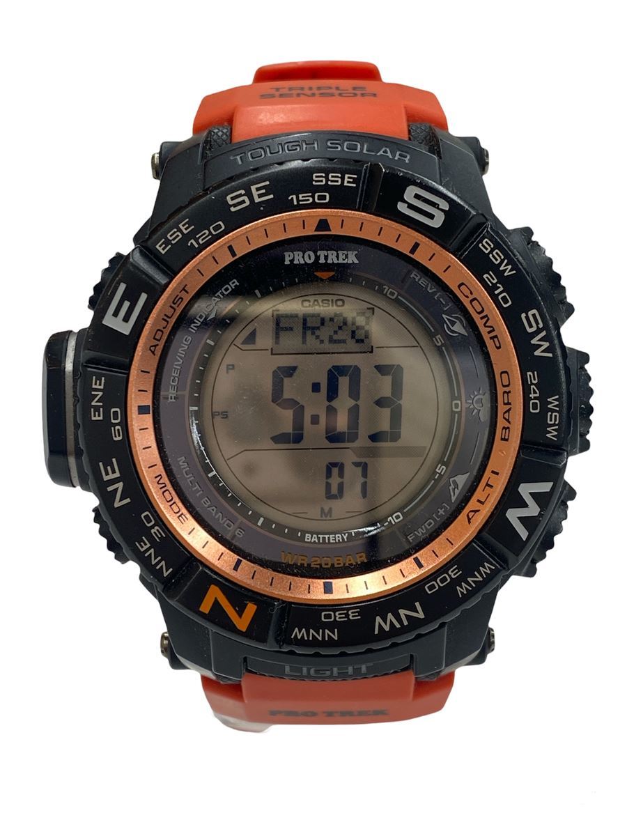 CASIO◇ソーラー腕時計・PROTREK/デジタル/ラバー/ブラック/オレンジ 