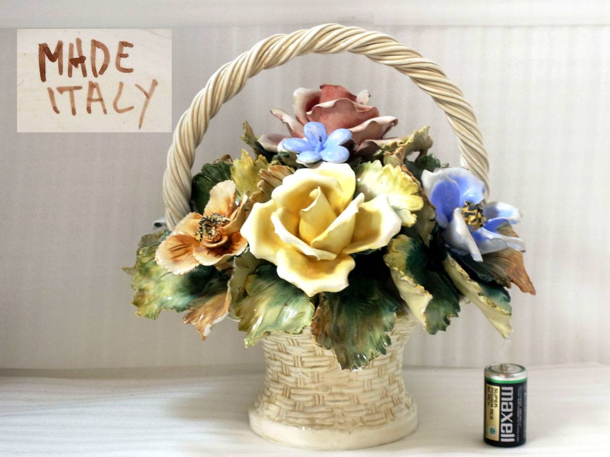 美術品・アンティーク・コレクション イタリア製 陶花 バスケット 薔薇