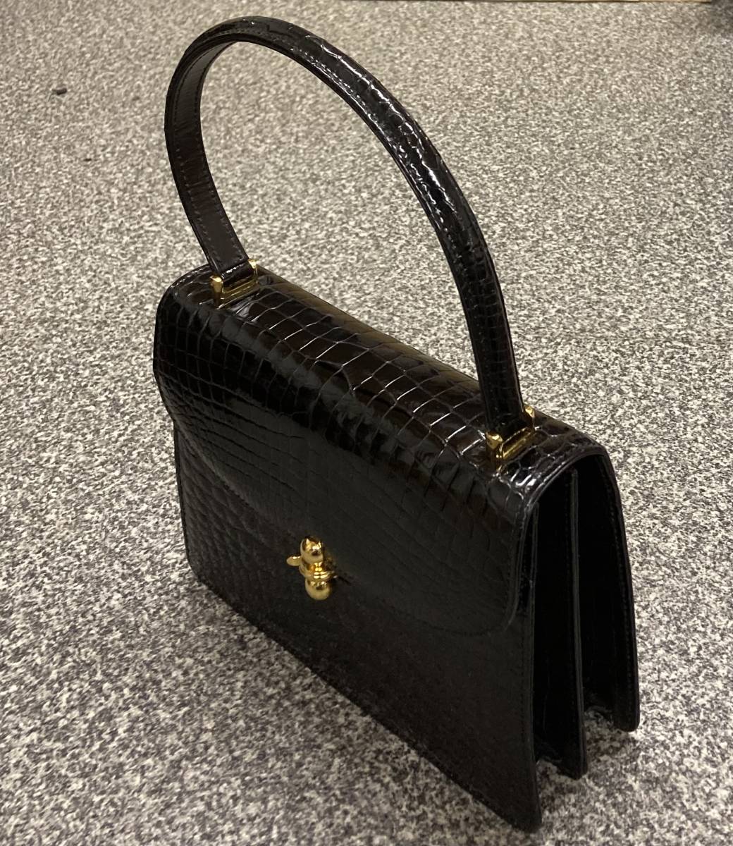 １円スタート！クロコダイル ハンドバッグ 茶 黒 ゴールド金具 艶あり ワニ 鰐 エキゾチック レザー爬虫類 クロコダイル ハンドバッグ 1円スタート 希少&frasl;がま口○シャイニング フラップ 南京錠付き