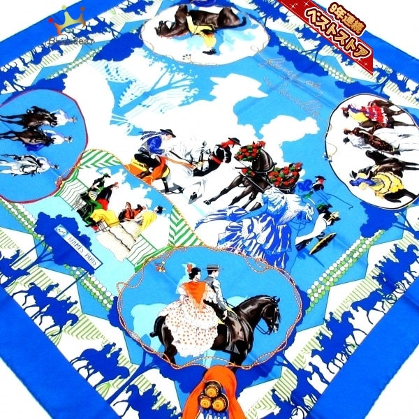 【高品質，HOT】 エルメス HERMES カレ シルク ブルー&times;白&times;マルチ ホース スカーフ(スカーフ)｜売買されたオークション情報、yahooの商品情報をアーカイブ公開 - オークファン 服飾小物