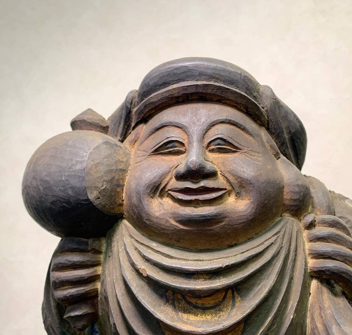 京都⑩＄ 明治時代 木彫 彩色 大黒天神 玉眼 高さ：28.8cm 仏教美術 初 