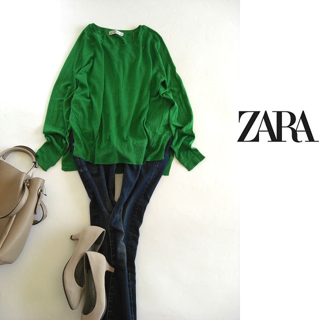 ザラ ZARA レーヨン グリーンニット 長袖 Lサイズ 緑 送料198円 ZARA 長袖 ザラ ラウンドネック カットソー ニット