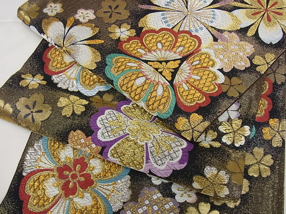 着物屋こころ□両面六通柄袋帯 唐織 夜桜 黒地 金銀糸 正絹 逸品