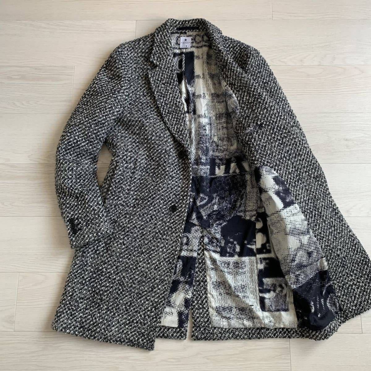 良品 Paul Smith R.NEWBOLD 裏地総柄 ツイード チェスター コート L 