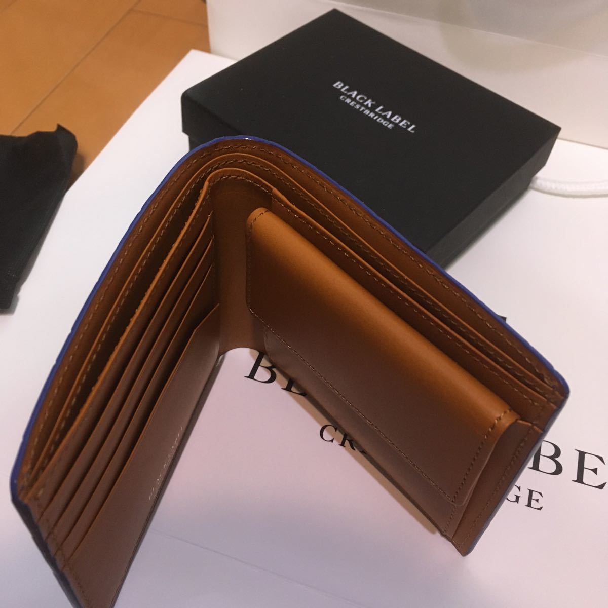 LABEL BLACK CRESTBRIDGE カーディガン バイカラークレストブリッジチェックロングウォレット 日本製生地 ●新品●送料込　BLACK LABEL CRESTBRIDGE 二つ折財布 牛革 ブルー×カーキ クロコダイル柄 ブラックレーベルクレストブリッジ
