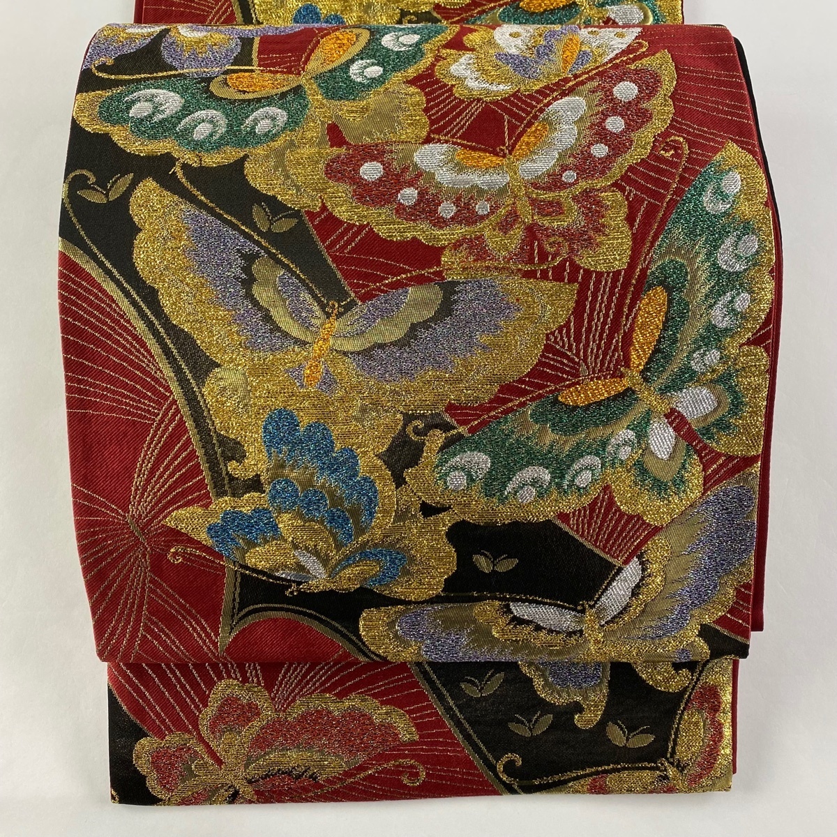 袋帯 秀品 六通 振袖向き 競ナビ 朱色 袋帯 美品 秀品 蝶 箔 赤 六通 正絹 【中古】 ☆☆☆