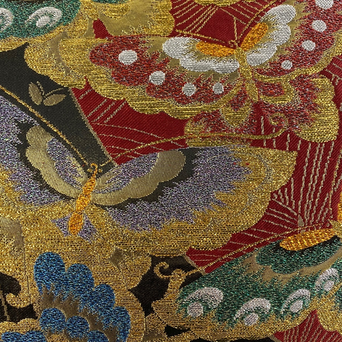 袋帯 秀品 六通 振袖向き 競ナビ 朱色 袋帯 美品 秀品 蝶 箔 赤 六通 正絹 【中古】 ☆☆☆
