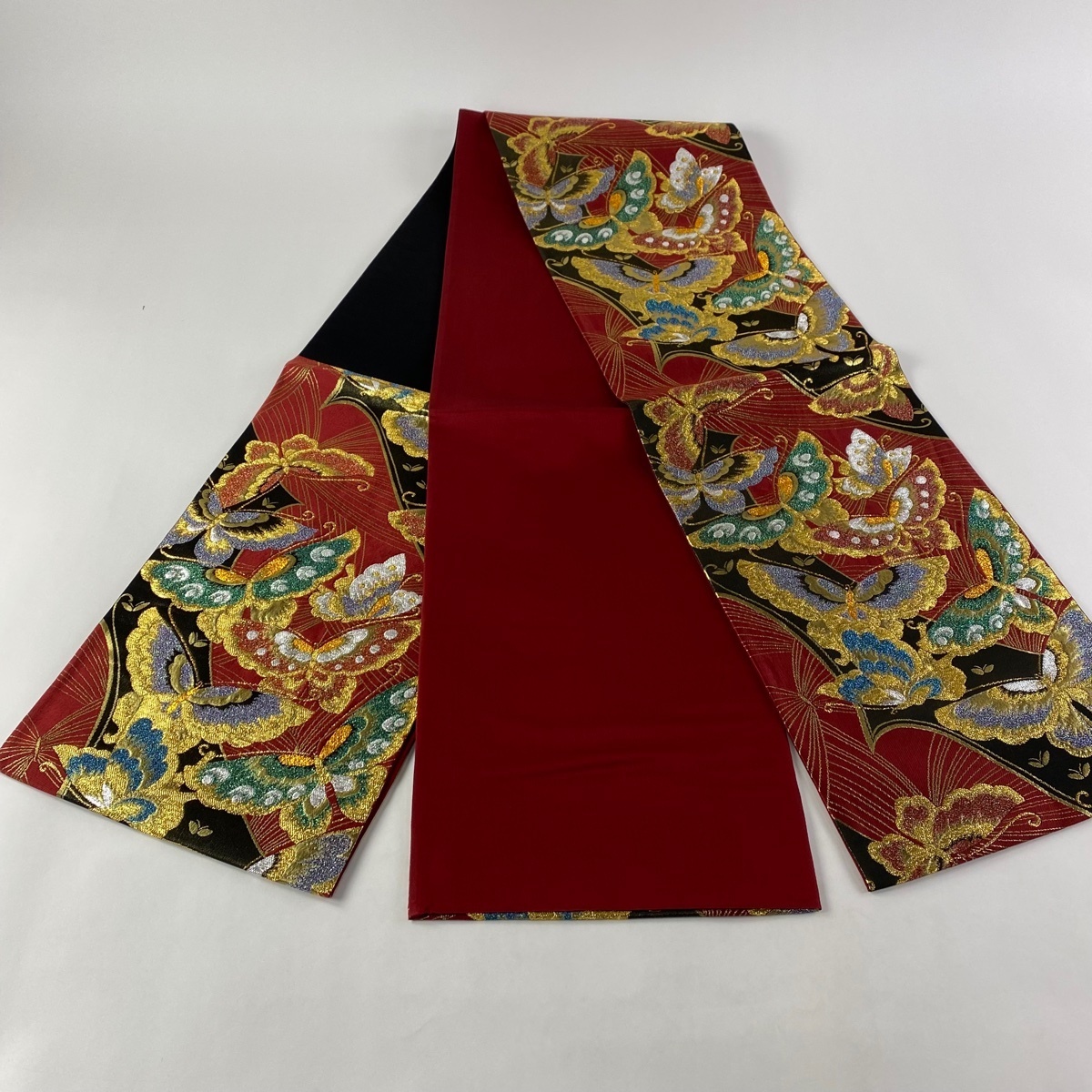 袋帯 秀品 六通 振袖向き 競ナビ 朱色 袋帯 美品 秀品 蝶 箔 赤 六通 正絹 【中古】 ☆☆☆