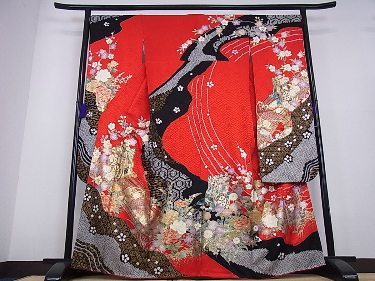 平和屋着物■豪華振袖　絞り　御所車道長花文　金銀彩　逸品bi2822 駒刺繍 平和屋着物□豪華振袖 正絹 藤花房 牡丹 DABD0729op