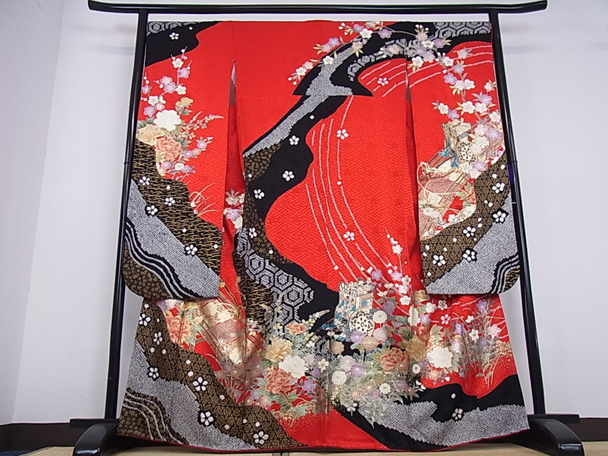 平和屋着物■豪華振袖　絞り　御所車道長花文　金銀彩　逸品bi2822 駒刺繍 平和屋着物□豪華振袖 正絹 藤花房 牡丹 DABD0729op