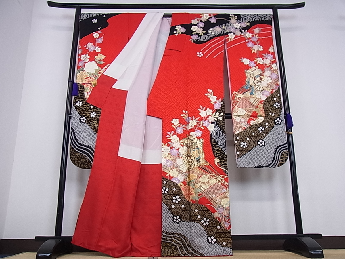 平和屋着物■豪華振袖　絞り　御所車道長花文　金銀彩　逸品bi2822 駒刺繍 平和屋着物□豪華振袖 正絹 藤花房 牡丹 DABD0729op