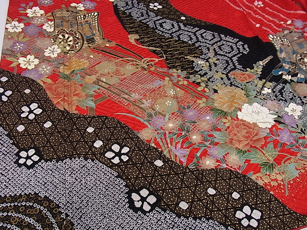 平和屋着物■豪華振袖　絞り　御所車道長花文　金銀彩　逸品bi2822 駒刺繍 平和屋着物□豪華振袖 正絹 藤花房 牡丹 DABD0729op