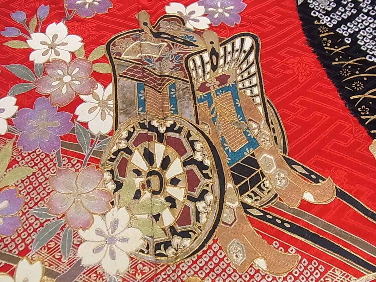 平和屋着物■豪華振袖　絞り　御所車道長花文　金銀彩　逸品bi2822 駒刺繍 平和屋着物□豪華振袖 正絹 藤花房 牡丹 DABD0729op