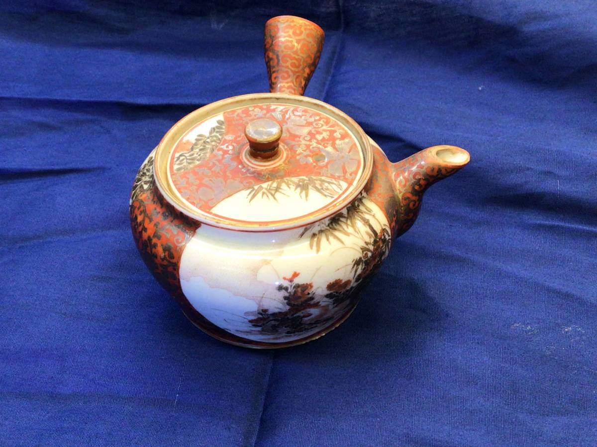 九谷焼 赤絵金襴手 山水人物文 横手急須 煎茶道具 九谷焼 急須 赤絵金襴手 大日本九谷製 【公式通販】