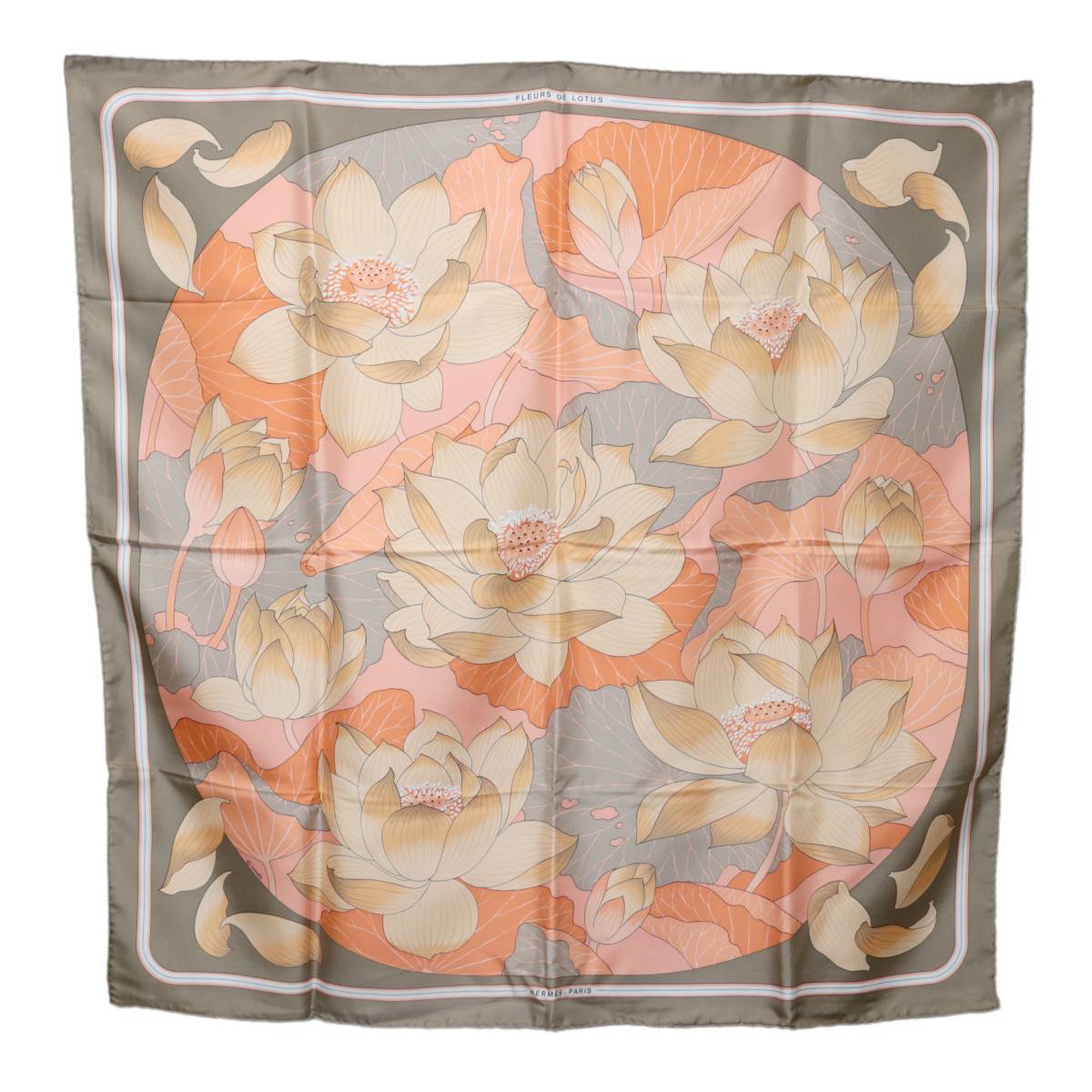 HERMES/エルメス カレ90 FLEURS DE LOTUS ロータスの花 スカーフ シルク100% ES Bランク HERMES エルメス カレ90 LOTUS（蓮の花）」カレ90 エルメスの「FLEURS オペラの花公式直営