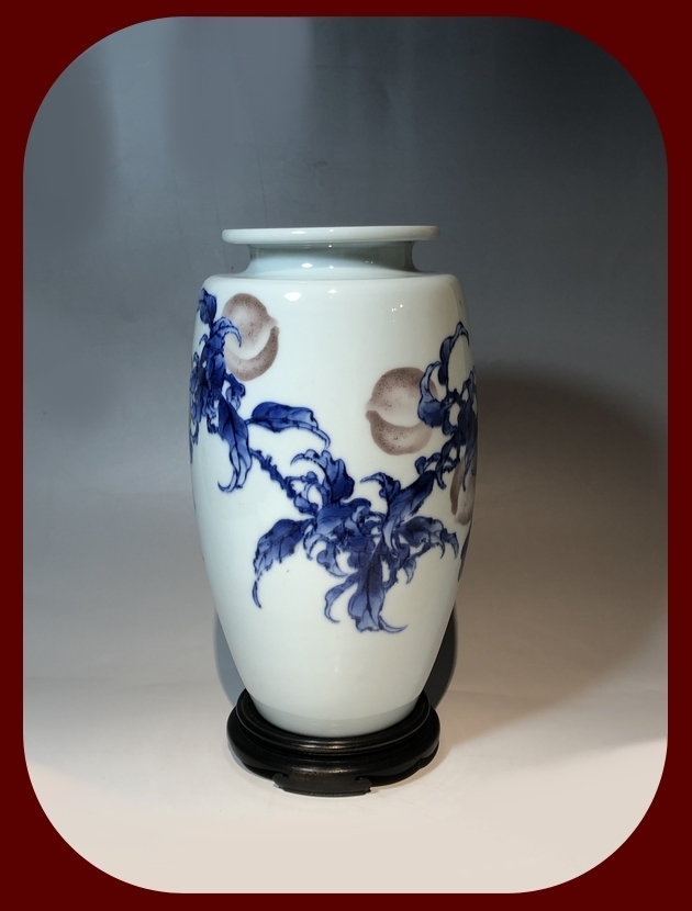 ◇ 二代 眞葛香山・宮川香山・青華色入實桃画・真葛焼き・花瓶・花入れ