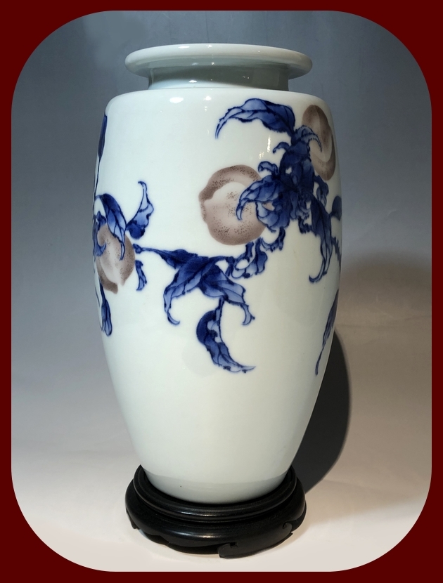 ◇ 二代 眞葛香山・宮川香山・青華色入實桃画・真葛焼き・花瓶・花入れ
