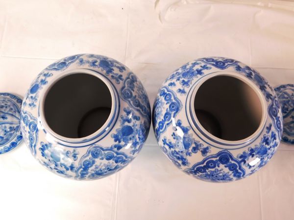 518☆陶器 蓋つき つぼ 壺 入れ物 花模様 青系 2点セット 高さ 約35.5