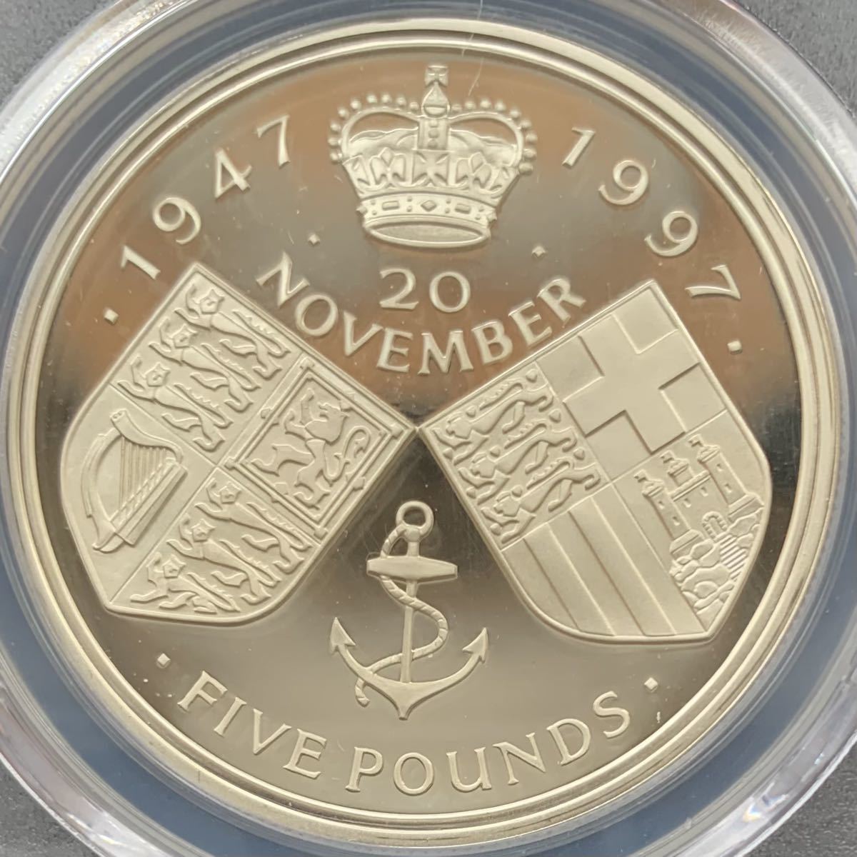 【一円スタート！英国モダン銀貨！】1997年 英国イギリス 5ポンド銀貨 PCGS鑑定 PR69ディープカメオ ゴールドウェディング記念コイン_2