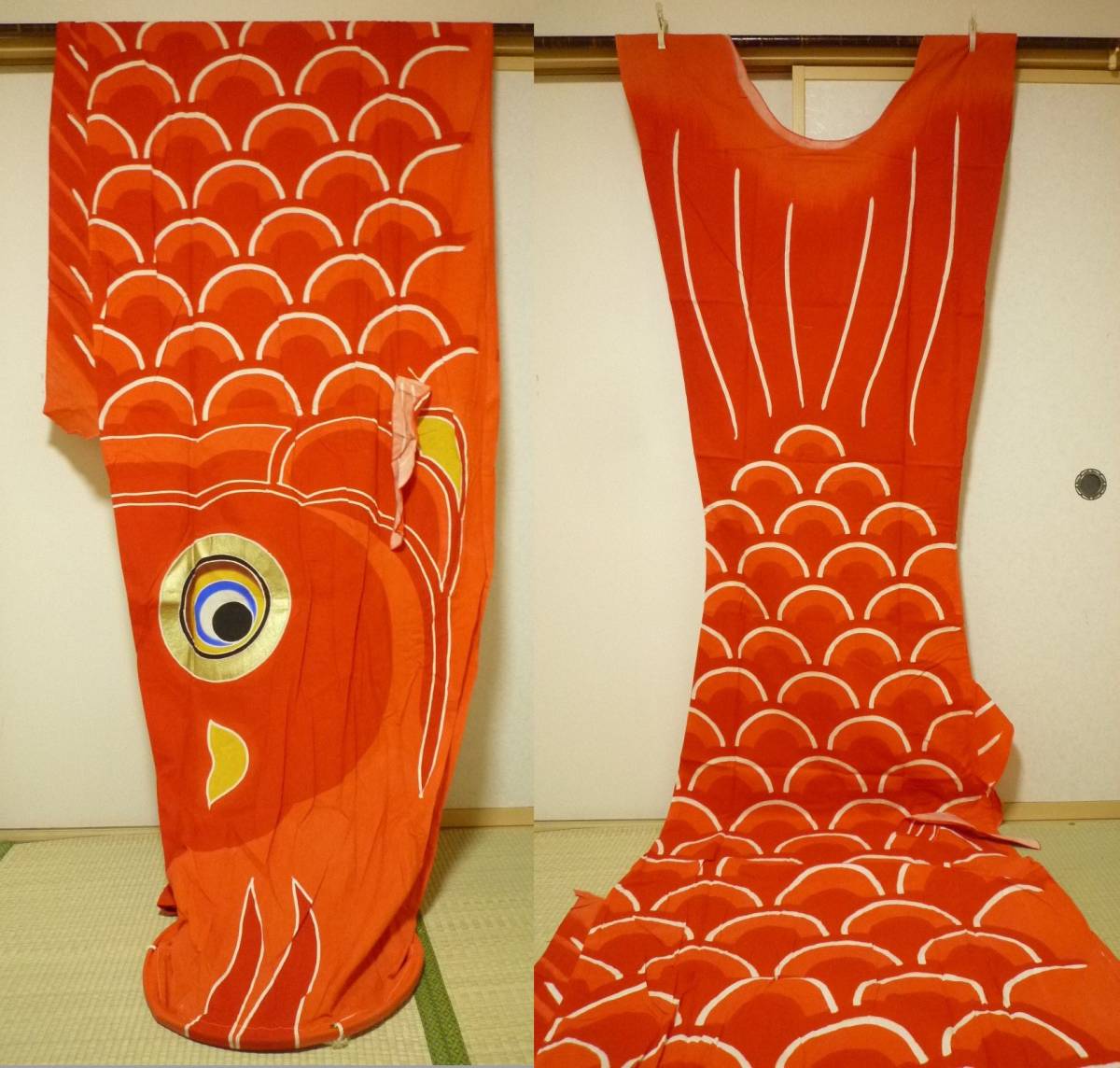 【古古布】木綿鯉のぼり生地　長さ320㎝　手描き 古布】手描き本染木綿鯉のぼり 全長460㎝ 京丹後 老舗奥田幟店 希少品