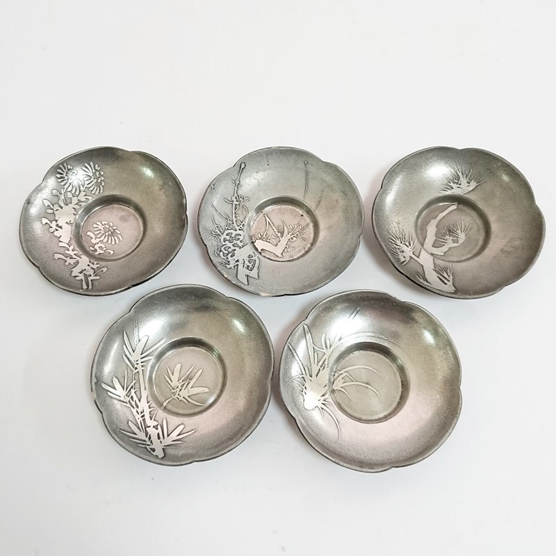 現状品) 錫器 茶托 間村自造 刻印 五清図梅花形 5客 セット 錫製 煎茶 