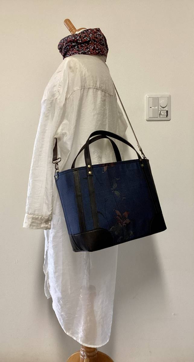 古布リメイク ハンドメイド 藍染色々 トートバッグ 本革 古布リメイク