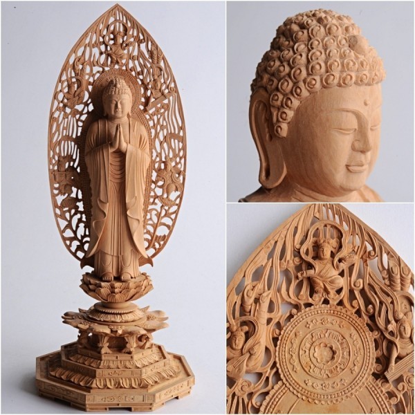 合掌釈迦如来立像 16cm(全高33cm) 仏教美術 仏像 釈迦如来 漆箔 玉眼「