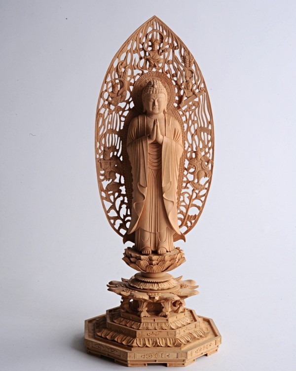 合掌釈迦如来立像 16cm(全高33cm) 仏教美術 仏像 釈迦如来 漆箔 玉眼「