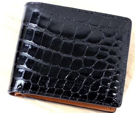 木箱付き！定価23万円 新品 ヘンローン クロコ クロコダイル 2つ折り 財布 シャイニー リセ ブラック 光沢 1195 ヘンローン 新品 シャイニー HILTON 定価23万円 ラウンド