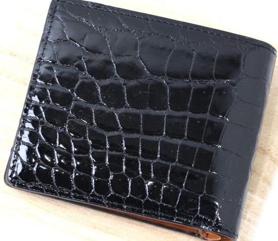 木箱付き！定価23万円 新品 ヘンローン クロコ クロコダイル 2つ折り 財布 シャイニー リセ ブラック 光沢 1195 ヘンローン 新品 シャイニー HILTON 定価23万円 ラウンド