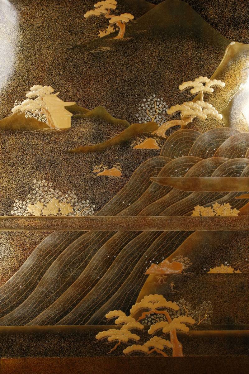 LIG】輪島塗名工 長井幸夫 極上細密細工 金蒔絵山水図屏風 特大135㎝