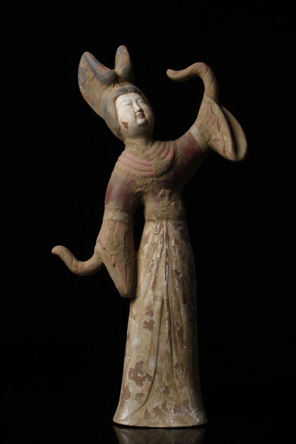 LIG】中国美術 加彩 女性舞踊俑 32㎝ 在印 時代古玩 コレクター収蔵品