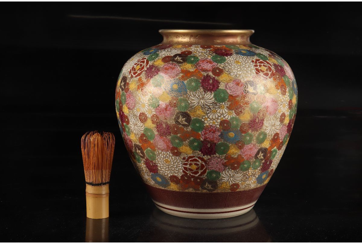 URA]九谷孝月 造/九谷焼色絵金彩花詰文花瓶/高さ24cm/共