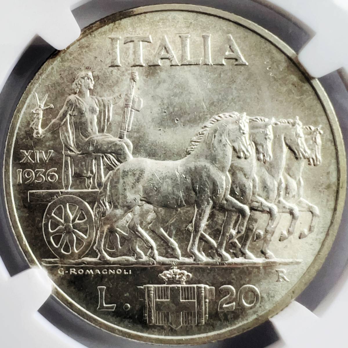イタリア 1936年 20リラ ヴィトリオ・エマヌエーレ3世 銀貨 NGC MS64