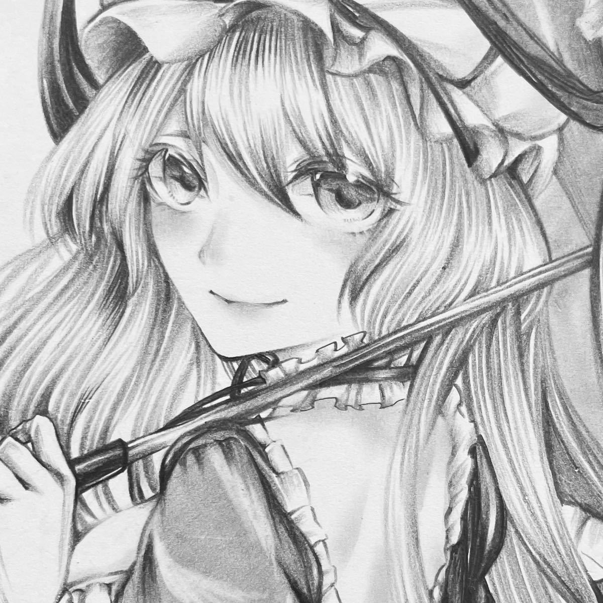 東方Project 八雲紫　手描きイラスト 鉛筆画 ハガキサイズ