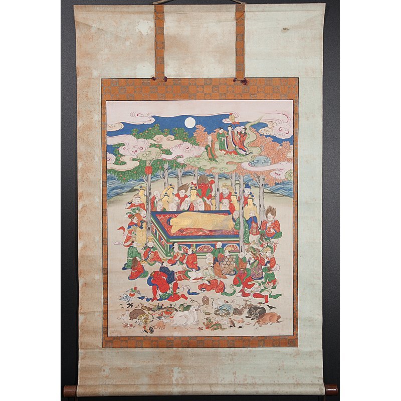 五】古仏画 『涅槃図』 絹本 彩色 掛軸 彩色 絹本 古仏画 「釈迦涅槃像