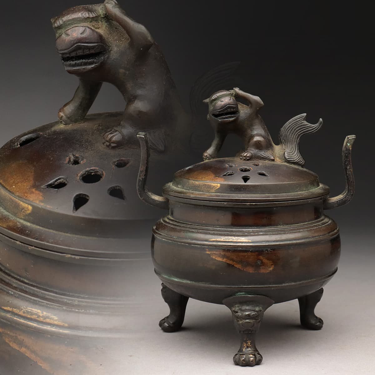 時代物， 銅製 獅子双耳三足香炉 香道具 古銅器 獅子耳付 三足香炉 金属工芸品 古銅 高岡銅器 Yahoo!オークション 時代物 CU896 獅子摘 双耳三足銅