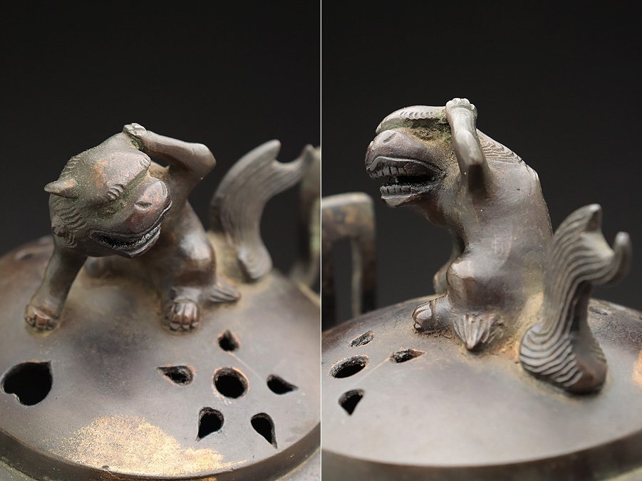時代物， 銅製 獅子双耳三足香炉 香道具 古銅器 獅子耳付 三足香炉 金属工芸品 古銅 高岡銅器 Yahoo!オークション 時代物 CU896 獅子摘 双耳三足銅
