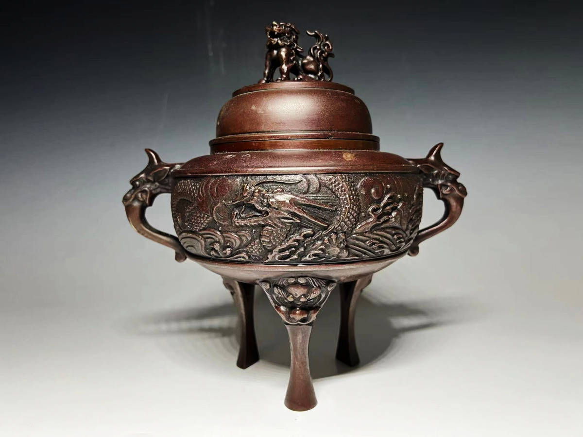 高岡銅器 - 吉秀作 メルカリ 龍地紋獅子摘み三つ足香炉 香炉 | 卸