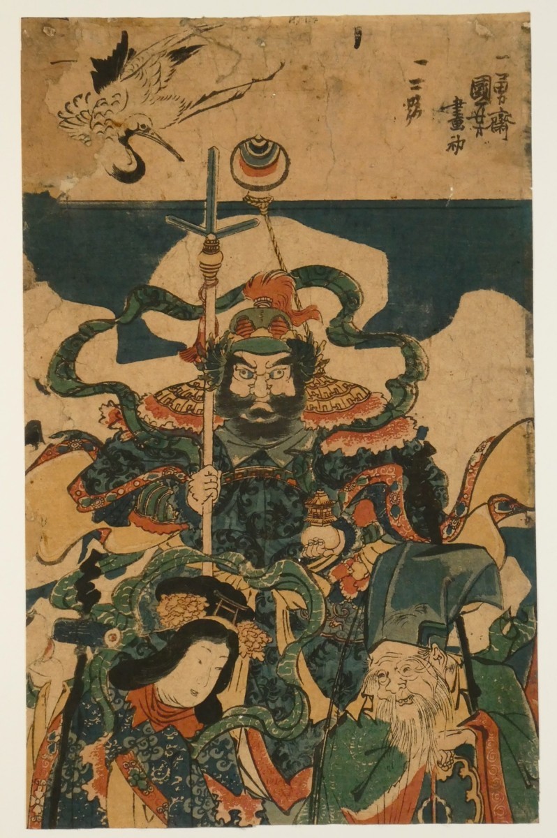 B13 一勇斎国芳 七福神図 竪二枚続 剥し跡・補修有◇龍◇大黒◇布袋