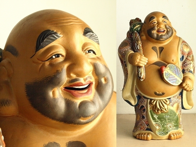 九谷焼　布袋様　置き物　レトロ　蔵出し 古い九谷焼布袋様 布袋像 41cm 縁起物 七福神 置物 陶器 オブジェ 九谷