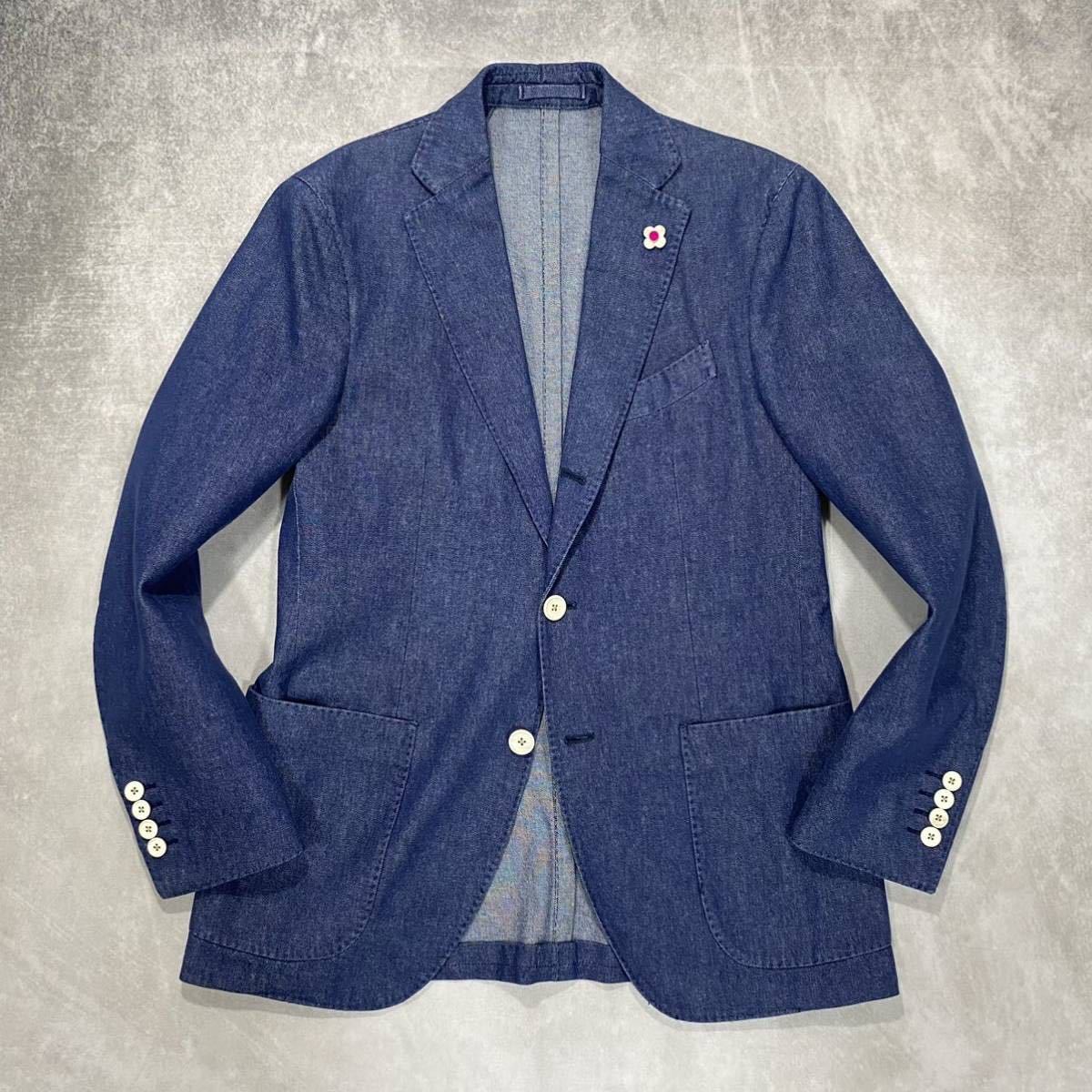 美品 LARDINI 近年ブートニエール デニムテーラードジャケット インディゴ ラルディーニ/LARDINI】デニムテーラード シングルジャケット (46/M