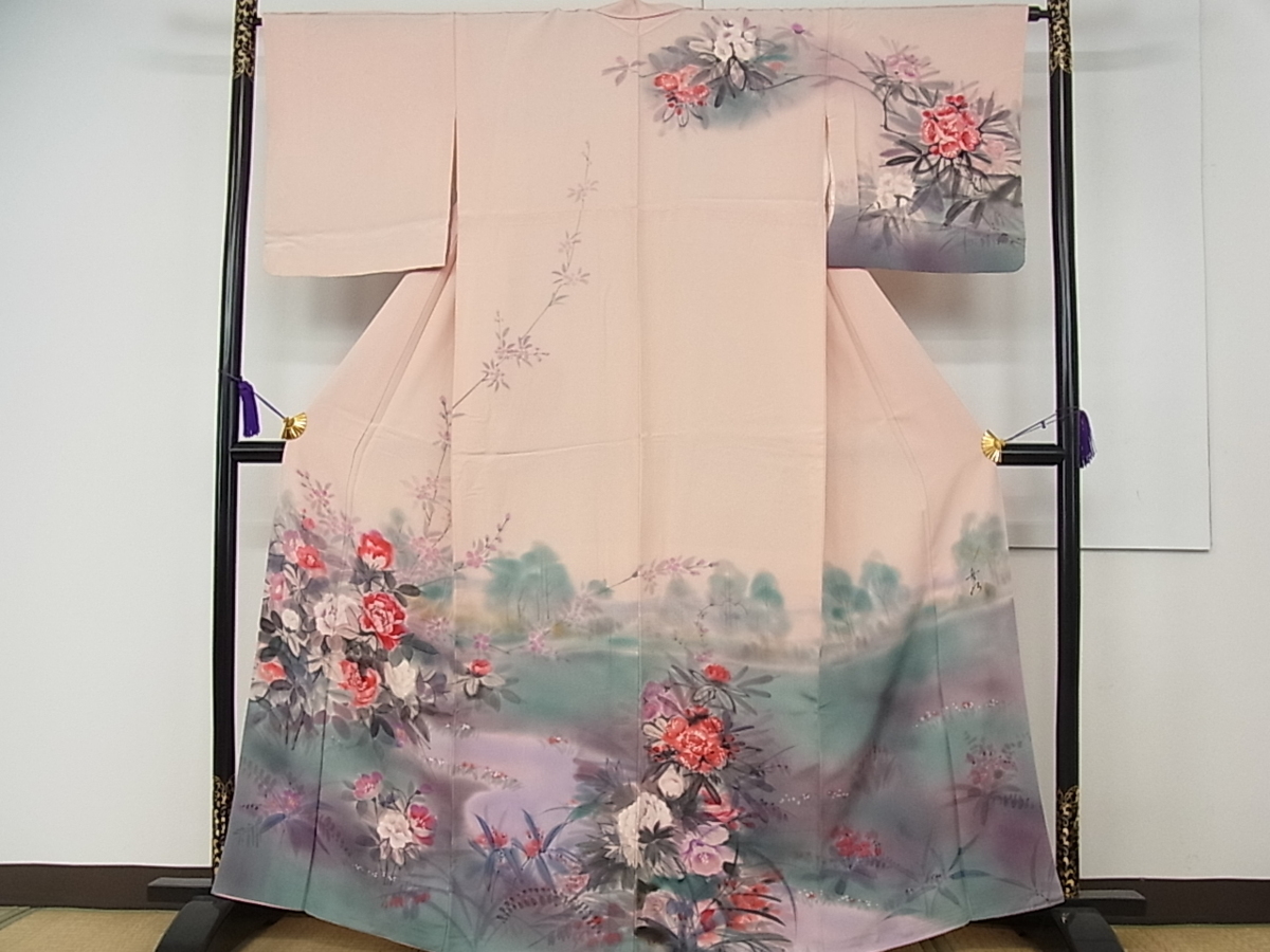 暈し染め 逸品 正絹 手描き 金彩 枝花文 平和屋着物○訪問着