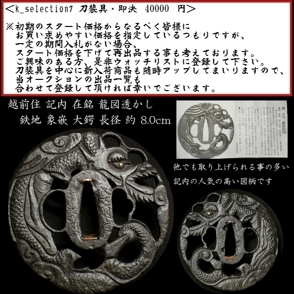 在銘 鍔 時代鉄鍔02 越前住記内 透かし龍之図 武具⁄ 刀装具 越前住記内