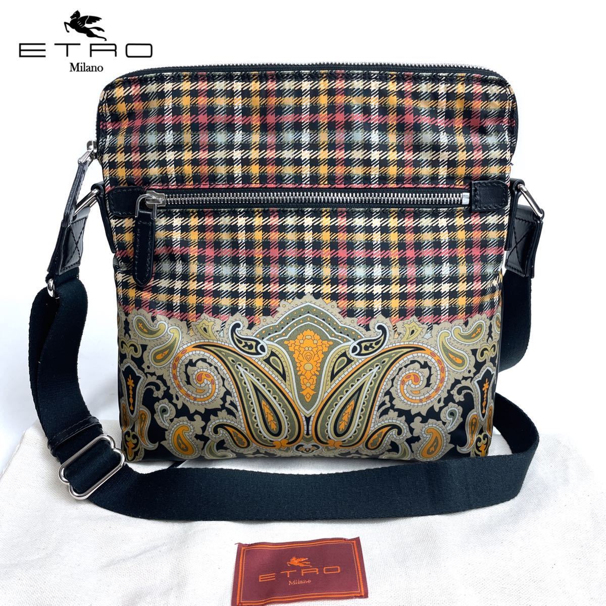 得価，2026 極 ETRO エトロ イタリア製 ペイズリー&times;チェック柄 レザー使い 化学繊維素材 ショルダーバッグ メンズ 紳士 斜め掛け可能(かばん、バッグ)｜売買されたオークション情報、yahooの商品情報 かばん、バッグ