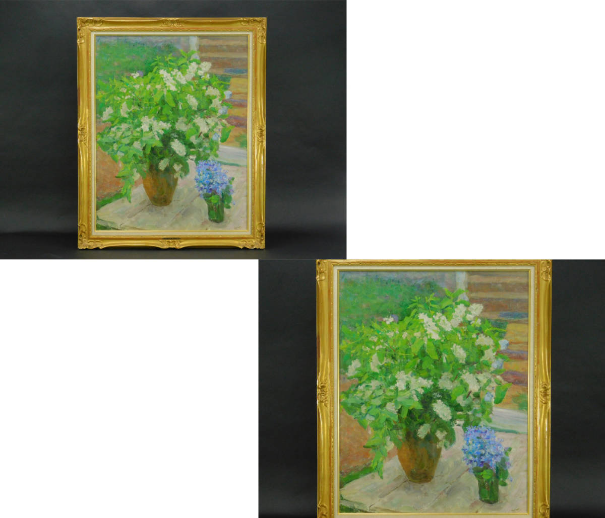 肉質油絵　横　F6　海　白壁　花　ヨーロッパ額装仕上げ品 肉質油絵 横 F6 海 白壁 花 ヨーロッパ額装仕上げ品 美術品