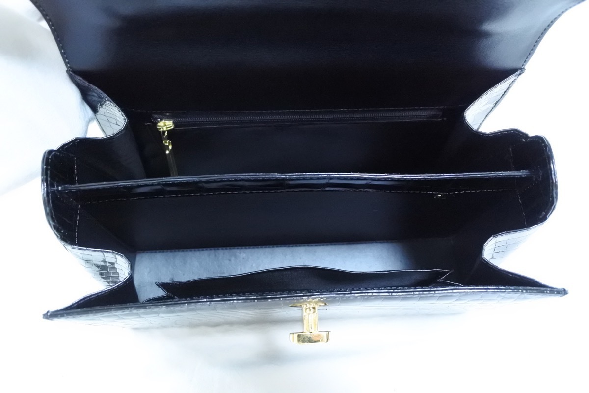 1円○極美品○クロコダイル使用 2WAYハンドバッグ○黒×ゴールド金具