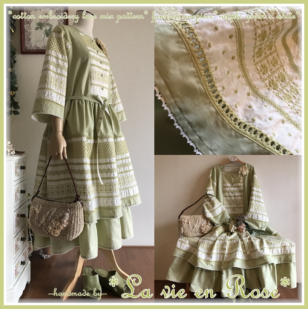 rose*コットン刺繍mixパターン*7分袖ふんわりワンピ*アップルグリーン 