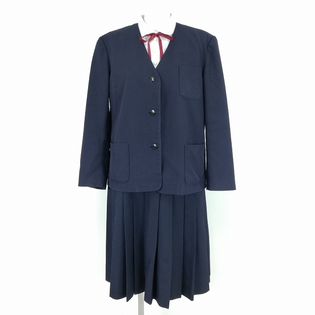1円 イートン ジャンパースカート 紐タイ 等 上下4点セット 大きいサイズ 冬物 長袖 女子 学生服 中学 高校 紺 制服 中古 ランクC EY6980
